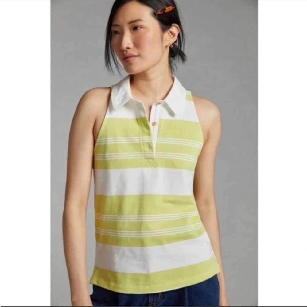 Maeve Yellow Green & White Stripe Sleeveless Cotton Polo Top Extra Small